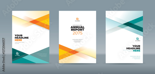 Professionally designed editable book cover templates featuring sleek geometric in vibrant shades in green, and orange tones—ideal for corporate branding, annual report, and polished presentation