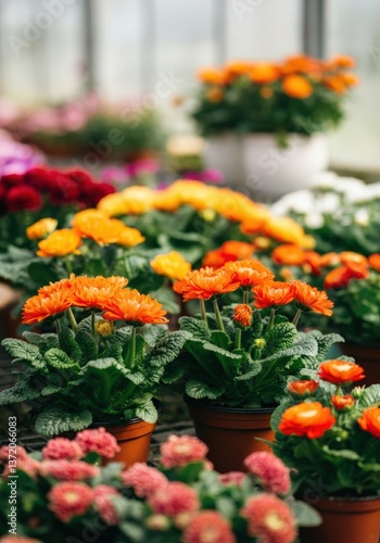 Wallpaper Mural Vibrant orange and pink flowers in pots, showcasing a beautiful greenhouse display Torontodigital.ca