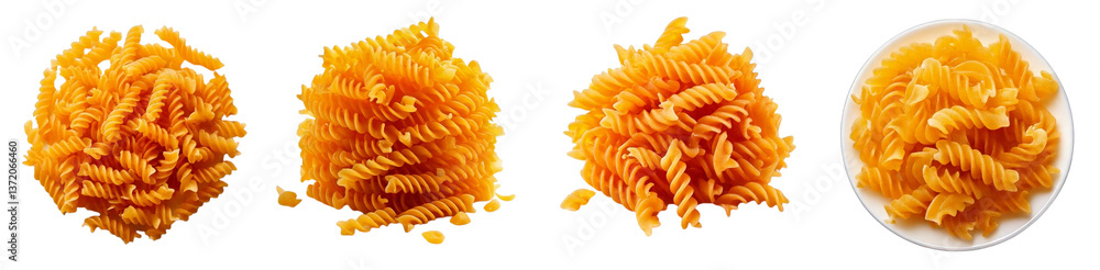Various shapes of uncooked orange pasta arranged neatly on a white background. Various shapes of uncooked orange pasta arranged neatly on a white background.