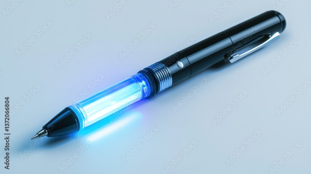 Glowing pen, desk, blue light, design Glowing pen, desk, blue light, design