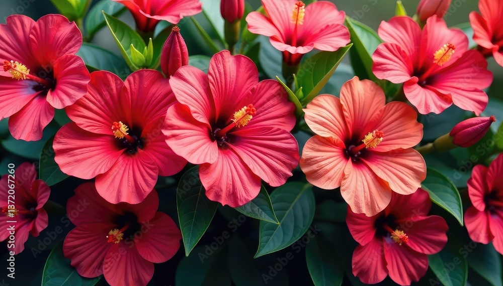 Bold, stylized hibiscus blooms in a vibrant, densely packed arrangement , red, abundant, orange Bold, stylized hibiscus blooms in a vibrant, densely packed arrangement , red, abundant, orange