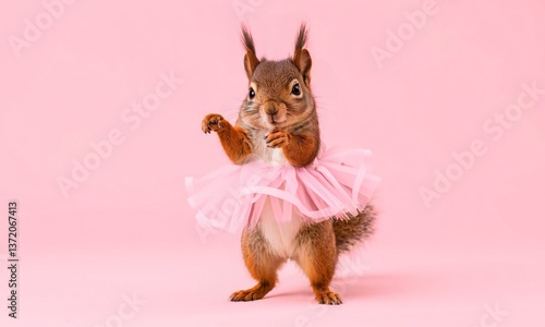 A fluffy red squirrel standing on two legs wearing a frilly pink tutu and mid-dance with a joyful expression