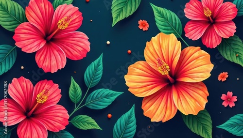 Wallpaper Mural Bold tropical hibiscus blooms, vibrant seamless design, leaves, design Torontodigital.ca