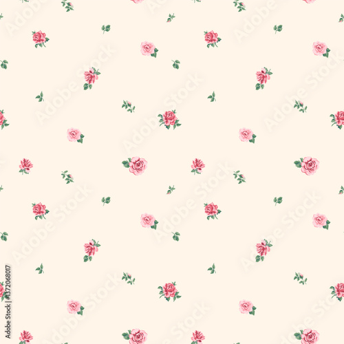 Seamless Millefleurs Floral Pattern with Small Hand-Drawn Flowers Roses in Liberty Style. Vintage Spring Bouquet Design for Fashion Prints. Small Roses on Light Background, Rococo. Rustic
