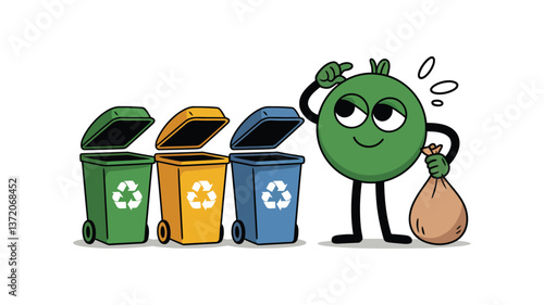 Sorting Solutions: A Cartoon Character Ponders Waste Disposal, Presenting Colorful Recycling Bins 