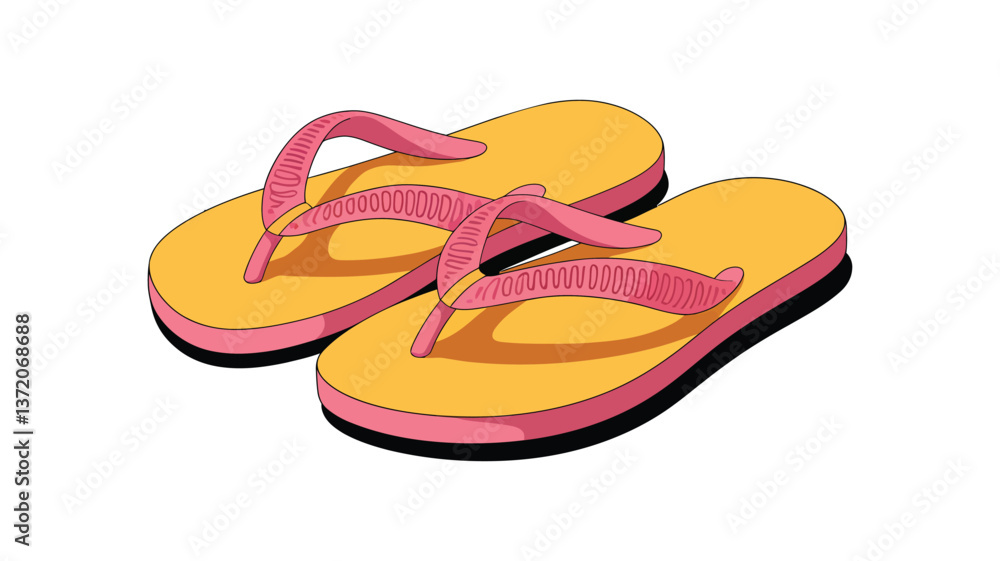 Tropical Footwear: A vibrant pair of flip-flops, boasting a sunny yellow base and charming pink straps, evoke the essence of beach vacations and summertime leisure. Tropical Footwear: A vibrant pair of flip-flops, boasting a sunny yellow base and charming pink straps, evoke the essence of beach vacations and summertime leisure.