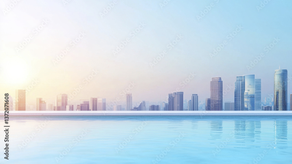 Fototapeta premium serene rooftop pool reflects stunning skyline, creating tranquil atmosphere at sunset