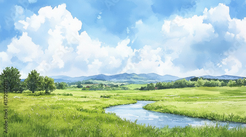 serene watercolor landscape featuring peaceful river flowing through lush green fields bright blue sky with fluffy clouds