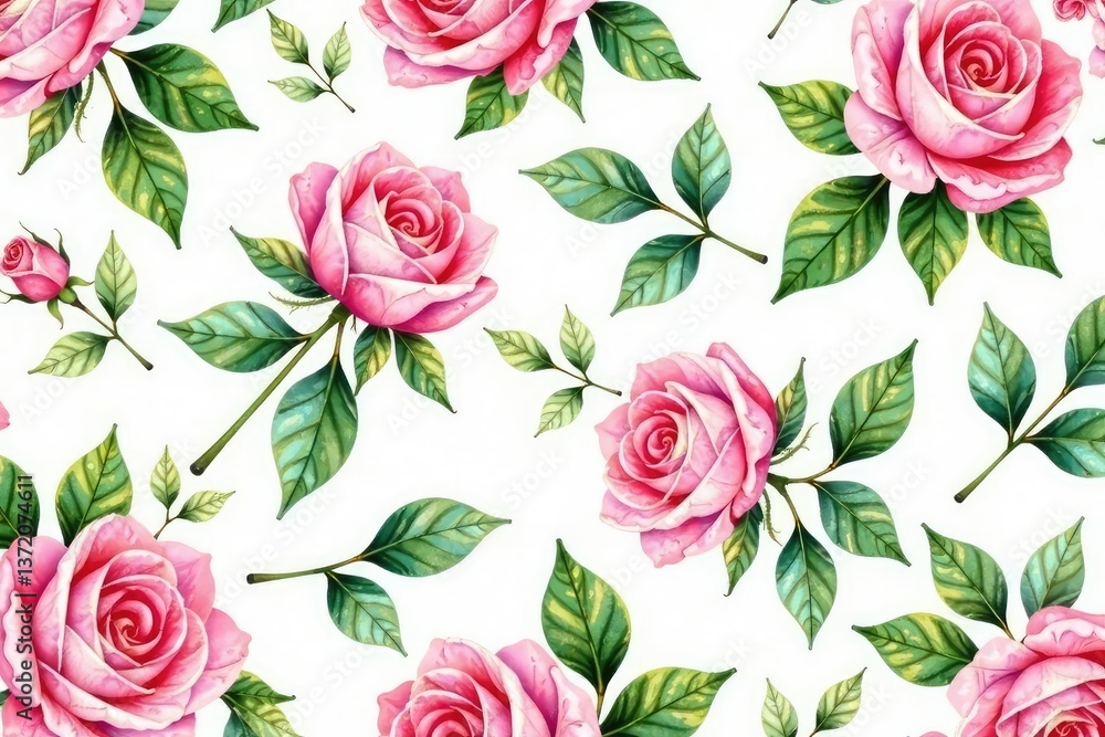 Naklejka premium Delicate watercolor roses, lush leaves Seamless repeat pattern , illustration, element, leaves