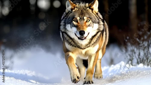  Grey wolf running through snow in forest. Wild life. Timber wolf in snowy winter forest .
