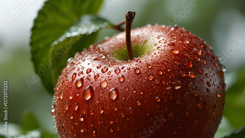 Fresh Red Apple with Sparkling Water Droplets