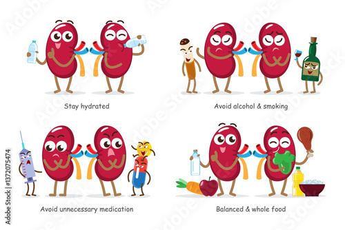 Healthy kidney . Cute medical cartoon characters . Isolated white background . Vector .
