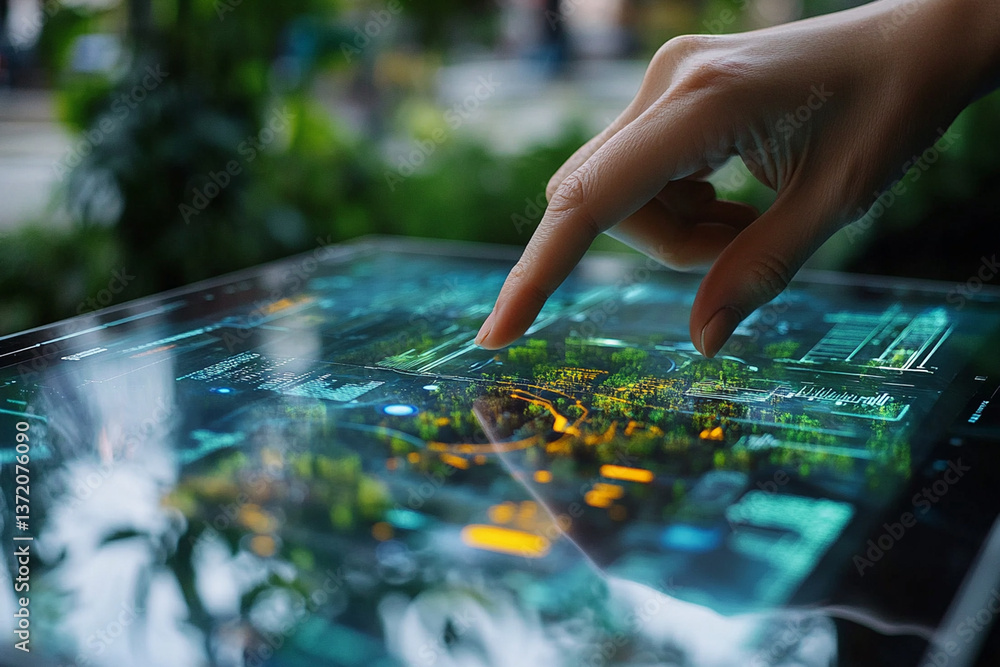 A close-up shot of hands holding a tablet displaying a photograph of lush foliage, set against a backdrop of real green plants A close-up shot of hands holding a tablet displaying a photograph of lush foliage, set against a backdrop of real green plants