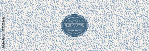 Blue vintage garden. Vector seamless classic illustration of plants, pattern, twigs, print, vignette, badge, label for background or banner