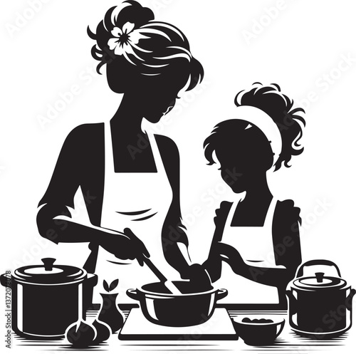 mother and daughter cooking