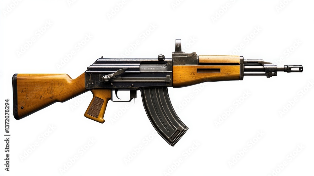 Detailed View of Classic Assault Rifle with Wooden Stock and Metal Parts Detailed View of Classic Assault Rifle with Wooden Stock and Metal Parts