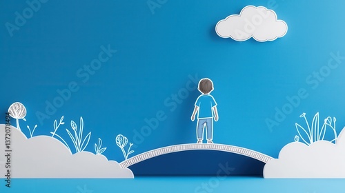 A whimsical illustration of a boy standing on a bridge under a blue sky, surrounded by stylized plants and clouds.