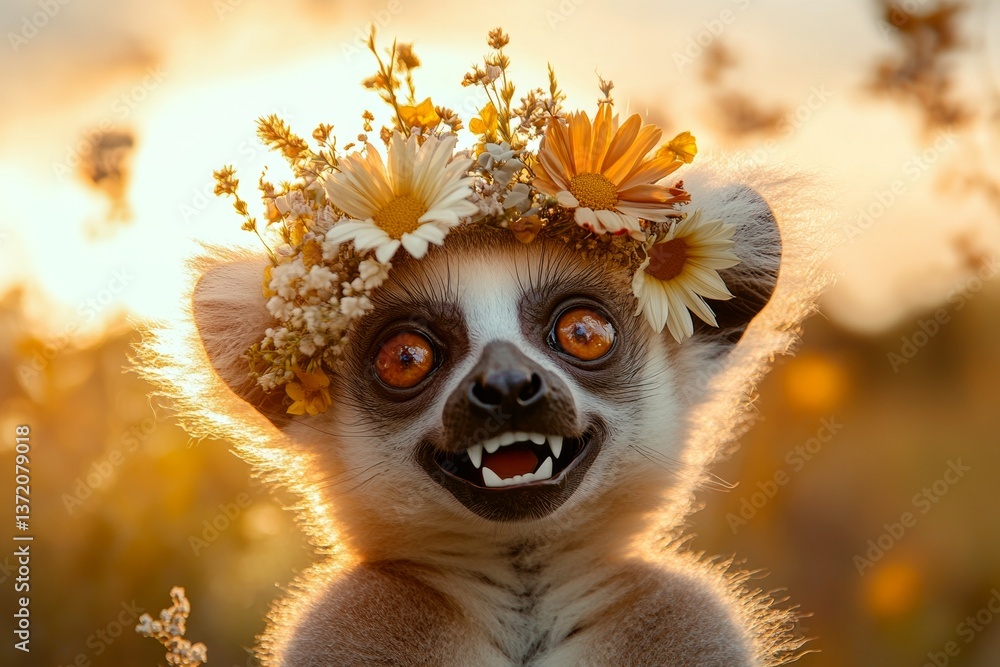 Obraz premium Summer happiness. Golden hour in sunset. Cute baby animal lemur wearing untamed flower wreath on its head. Soft summer hues in the wild. Sun-kissed wild animal. Sunlit serenity with an animal.