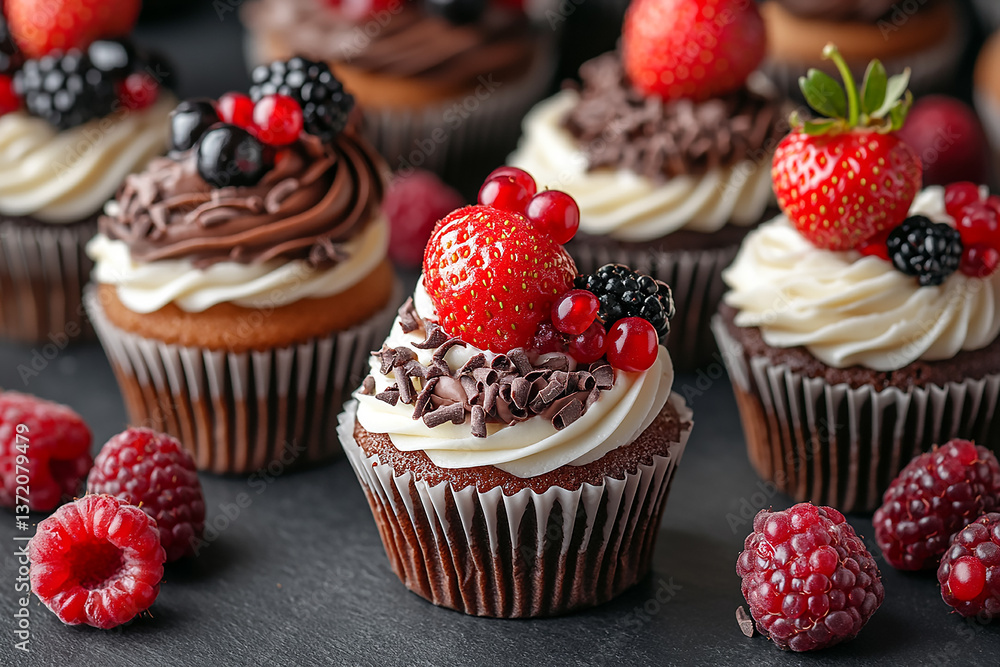 Close-up of assorted mini cupcakes and cakes with chocolate, strawberry, and berries on dark slate background.
Close-up of assorted mini cupcakes and cakes with chocolate, strawberry, and berries on dark slate background.
