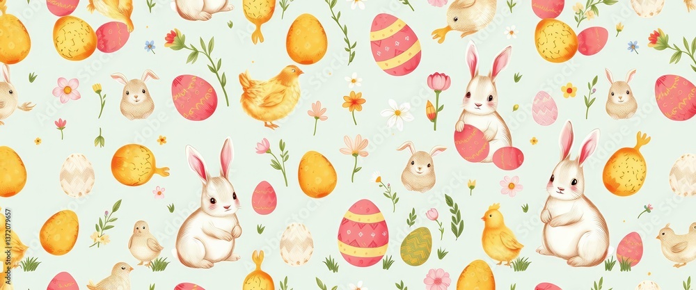 Whimsical Easter seamless pattern featuring adorable hand-drawn rabbits, chickens, and eggs, happy, wrapping Whimsical Easter seamless pattern featuring adorable hand-drawn rabbits, chickens, and eggs, happy, wrapping