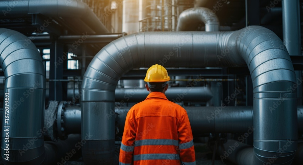 Fototapeta premium Worker in an orange safety jacket and helmet observing industrial pipes