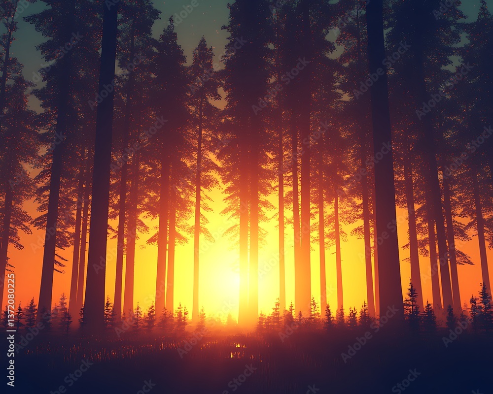 Sunset through dense forest trees creates a bright and hazy landscape Sunset through dense forest trees creates a bright and hazy landscape