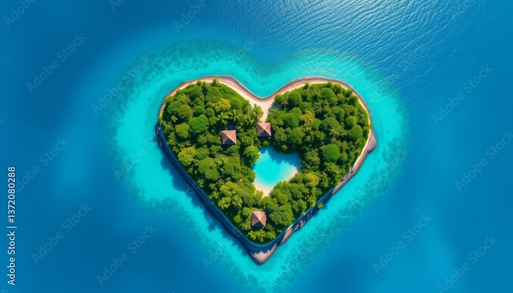 Heart-shaped island paradise, lush vegetation, turquoise water, stunning, escape Heart-shaped island paradise, lush vegetation, turquoise water, stunning, escape