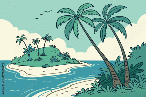 Scenic Tropical Island Beach with Crystal Clear Waters and Palm Trees