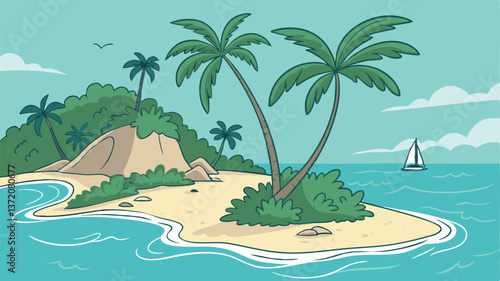 Scenic Tropical Island Beach with Crystal Clear Waters and Palm Trees