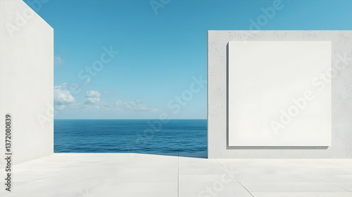 Minimalist Coastal Scene with Empty Canvas and Calm Ocean Backdrop