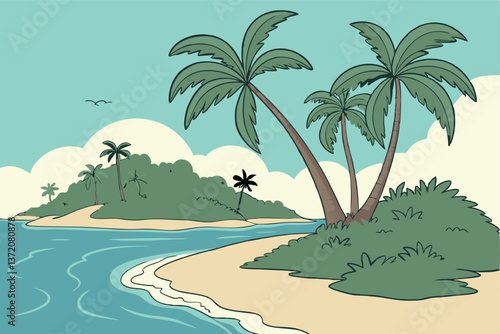 Scenic Tropical Island Beach with Crystal Clear Waters and Palm Trees