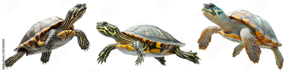 Fototapeta premium Three turtles isolated on a transparent background. Aquatic and land turtles with detailed shells and claws, different turtle species in motion, perfect for animal design and nature projects.
