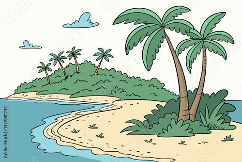 Scenic Tropical Island Beach with Crystal Clear Waters and Palm Trees