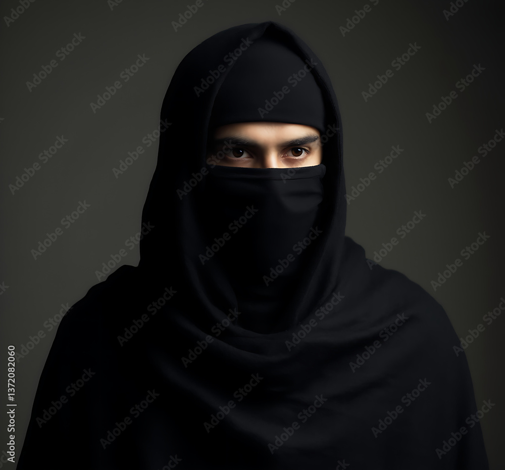 Mysterious Figure in Black Hood and Mask – Enigmatic and Intense Presence Mysterious Figure in Black Hood and Mask – Enigmatic and Intense Presence