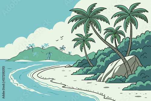 Scenic Tropical Island Beach with Crystal Clear Waters and Palm Trees