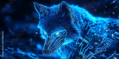 Cybernetic Blue Wolf with Glowing Eyes and Futuristic Armor for Sci-Fi Art, Tech-Inspired Designs, or Cyberpunk Aesthetics