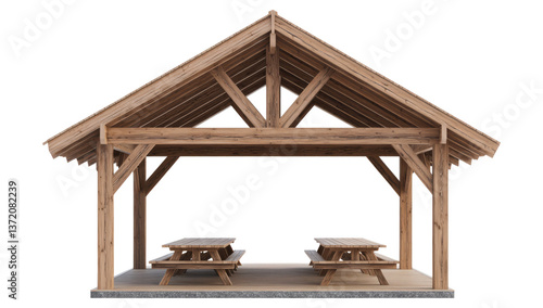Fototapeta Naklejka Na Ścianę i Meble -  Wooden Pavilion with Picnic Tables