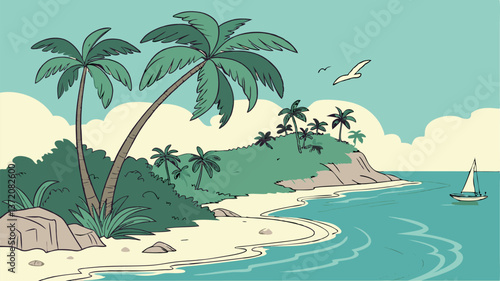 Scenic Tropical Island Beach with Crystal Clear Waters and Palm Trees