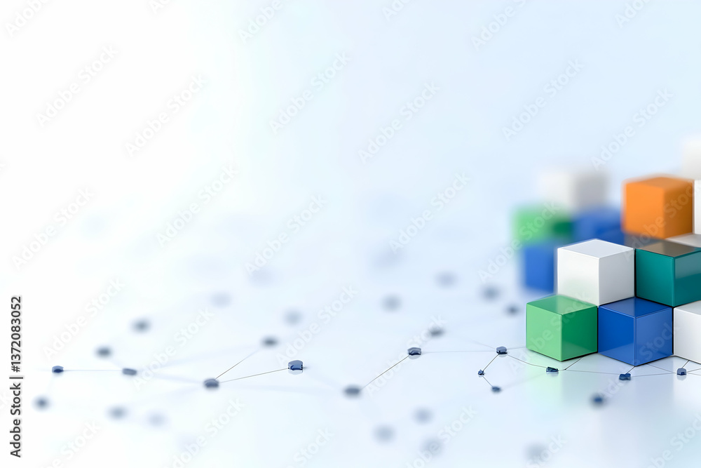 Fototapeta premium Abstract Arrangement of Colorful Pixelated Cubes with Connecting Dots on a White Background