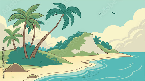 Scenic Tropical Island Beach with Crystal Clear Waters and Palm Trees