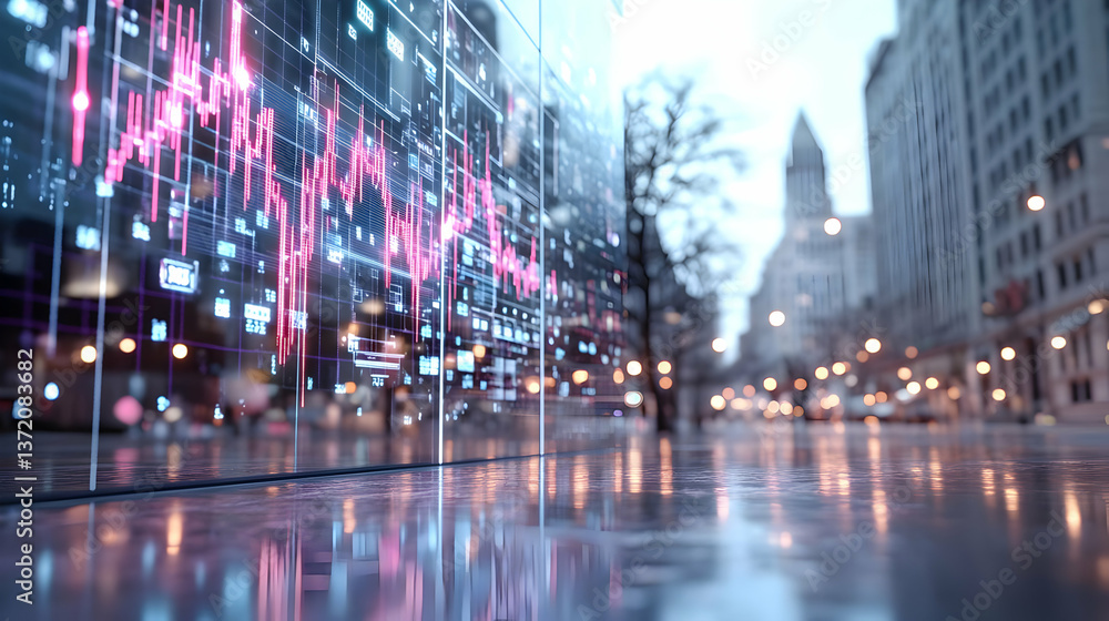 Obraz premium Abstract Digital Cityscape with Reflections and Data Visualization in Urban Setting