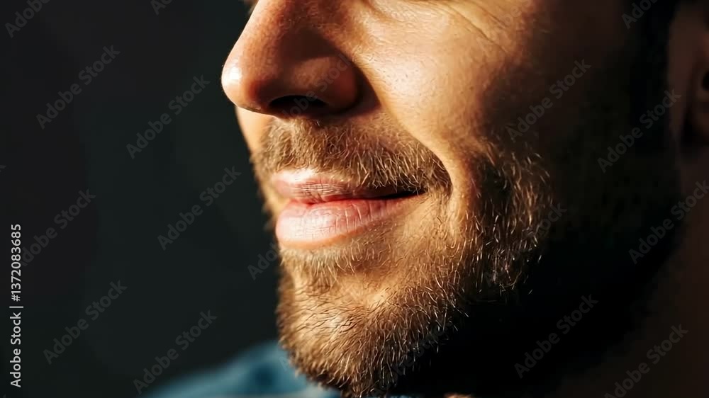 Man's subtle smile progression in warm lighting closeup Man's subtle smile progression in warm lighting closeup