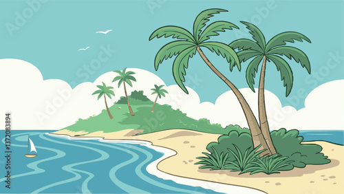 Scenic Tropical Island Beach with Crystal Clear Waters and Palm Trees