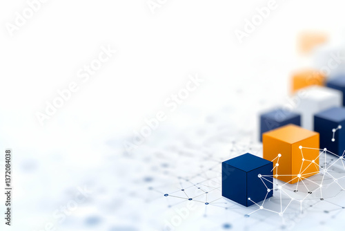 Abstract Geometric Composition with Orange and Blue Cubes on White Backdrop