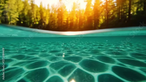 The image showcases a tranquil underwater scene with shimmering water and sunlight filtering through, highlighting the peaceful ambiance of nature.