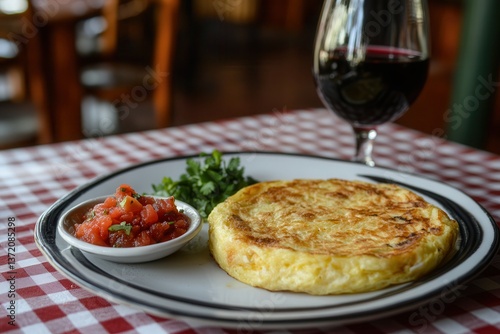 Wallpaper Mural Spanish tortilla or potato omelette on white plate with side salad and glass of red wine on red checkered tablecloth Torontodigital.ca