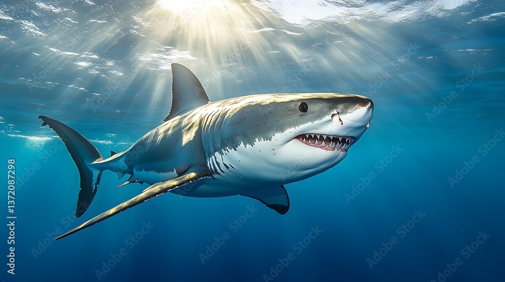 Obraz premium Great white shark underwater view, AI GENERATED