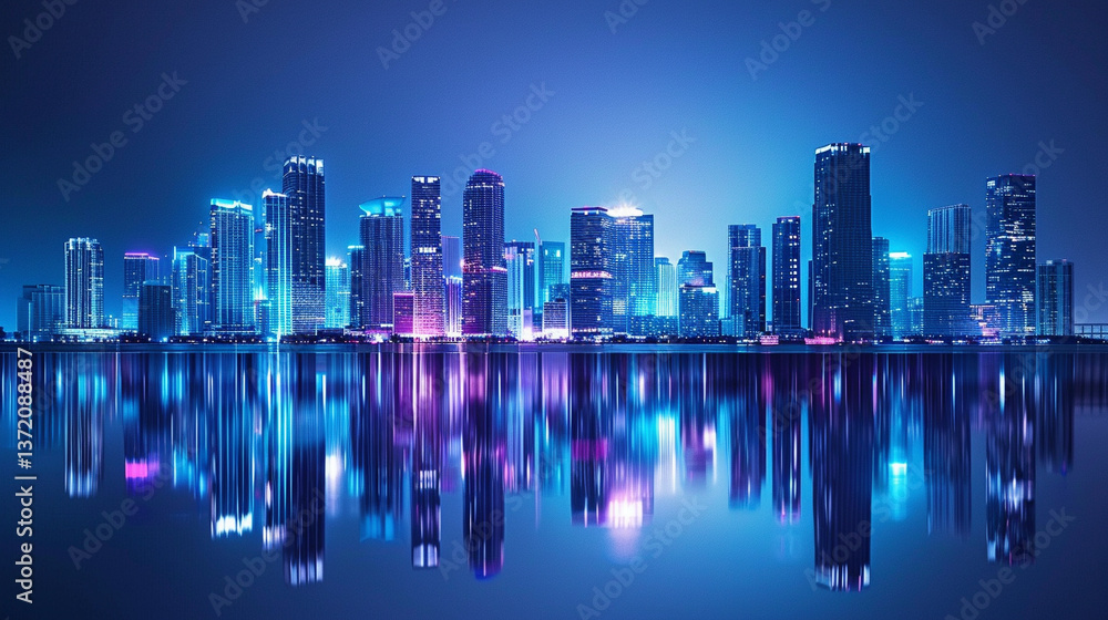 A futuristic cyberpunk-inspired view of Miami skyscrapers at night, neon blue and purple lights glowing, reflections on the water, surreal and vibrant cityscape A futuristic cyberpunk-inspired view of Miami skyscrapers at night, neon blue and purple lights glowing, reflections on the water, surreal and vibrant cityscape