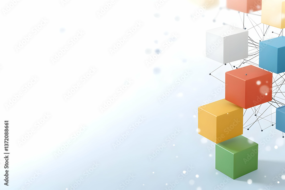 Colorful Cubes Connected by Network Lines on Light Background Design