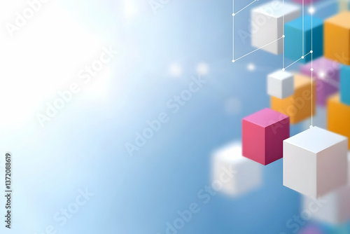 Colorful 3D Cubes Floating on Blue Gradient Background with Dotted Lines